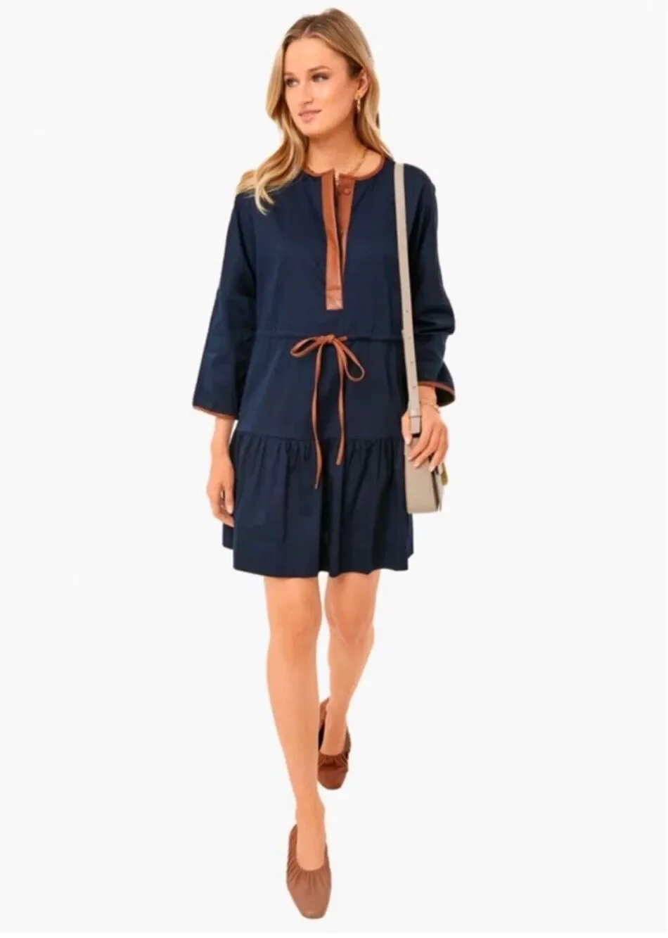 Tuckernuck Lucy Navy Leather Tiered Long Sleeve Mini Dress Size S